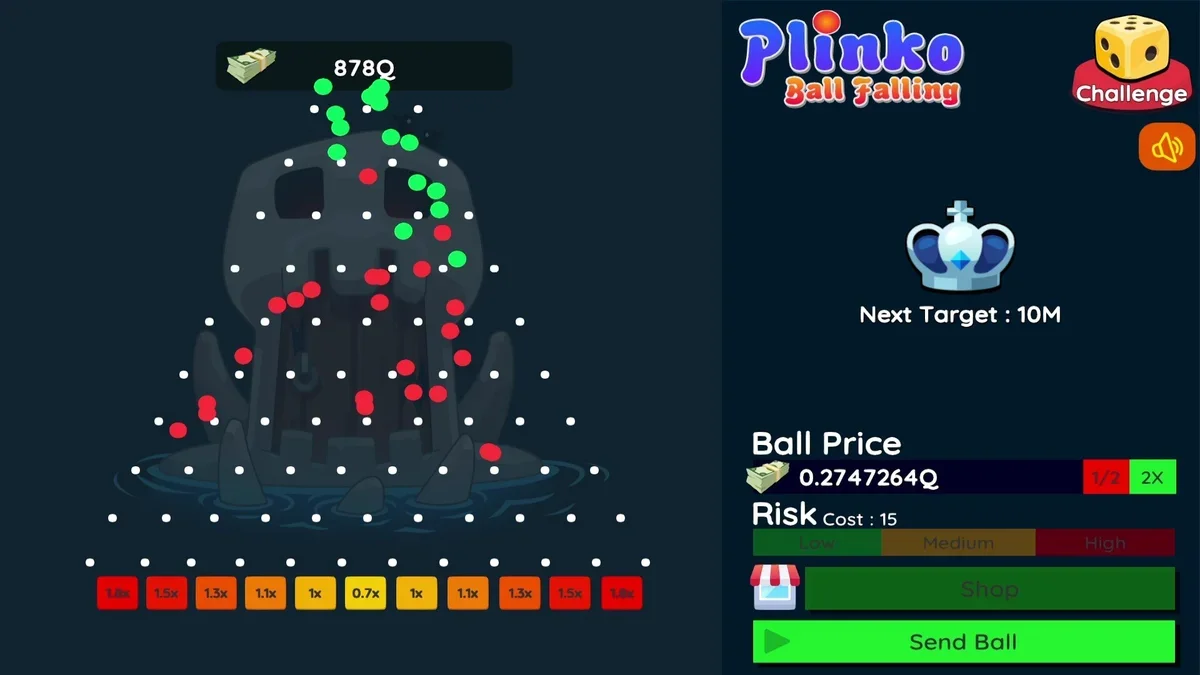 Pyramid pegboard Plinko game showing bouncing balls descending toward high multiplier bins